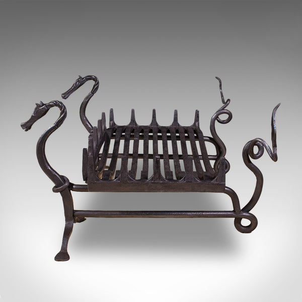 Antique Dragon Motif Fireplace Set, English, Fire Basket, Andirons, Edwardian