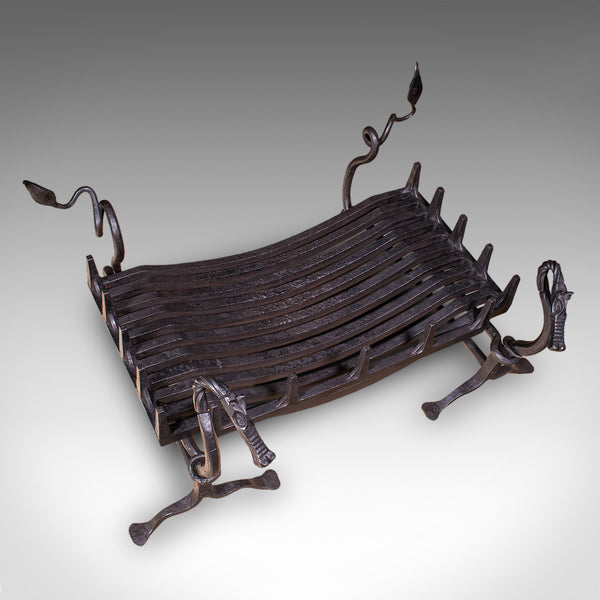 Antique Dragon Motif Fireplace Set, English, Fire Basket, Andirons, Edwardian