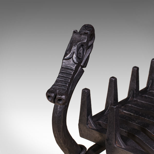 Antique Dragon Motif Fireplace Set, English, Fire Basket, Andirons, Edwardian