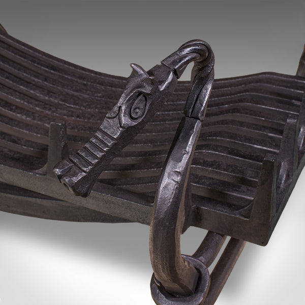 Antique Dragon Motif Fireplace Set, English, Fire Basket, Andirons, Edwardian