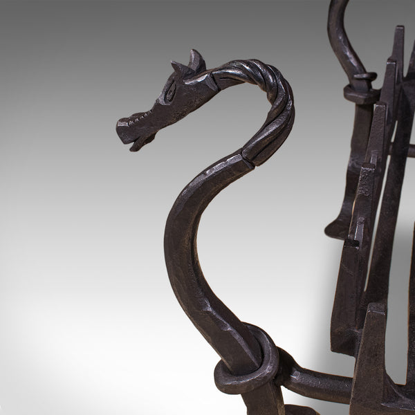 Antique Dragon Motif Fireplace Set, English, Fire Basket, Andirons, Edwardian