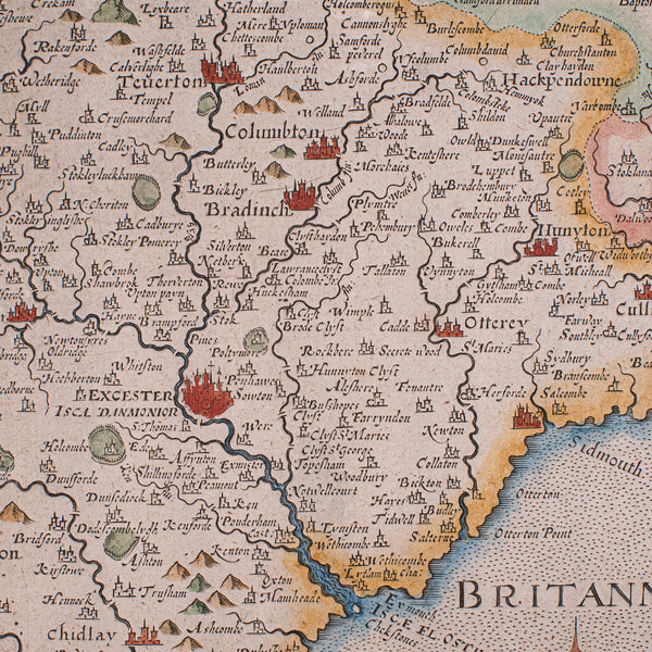 Antique Devon County Map, English, Framed 17th Century Atlas Cartography, C.1650
