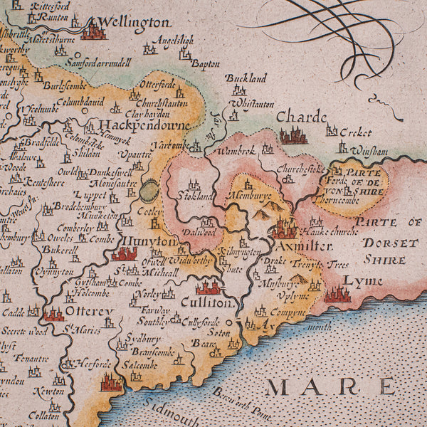 Antique Devon County Map, English, Framed 17th Century Atlas Cartography, C.1650