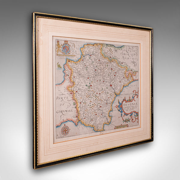 Antique Devon County Map, English, Framed 17th Century Atlas Cartography, C.1650