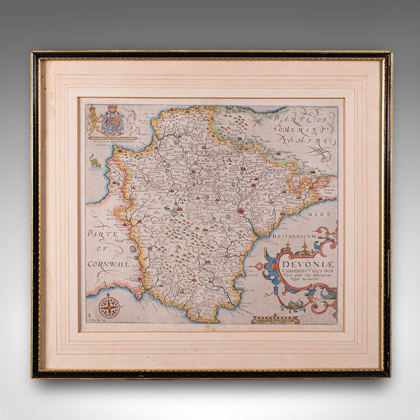 Antique Devon County Map, English, Framed 17th Century Atlas Cartography, C.1650