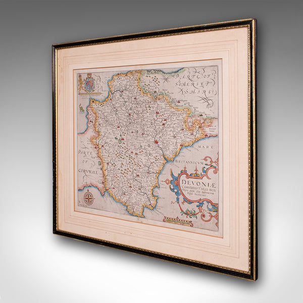 Antique Devon County Map, English, Framed 17th Century Atlas Cartography, C.1650