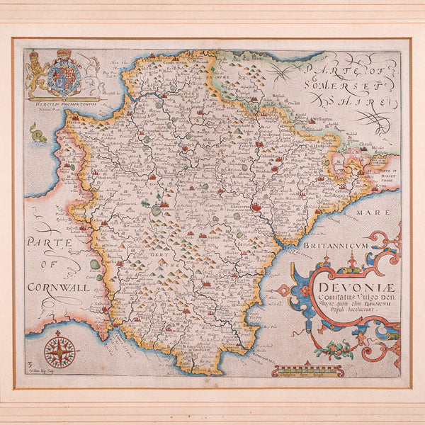Antique Devon County Map, English, Framed 17th Century Atlas Cartography, C.1650