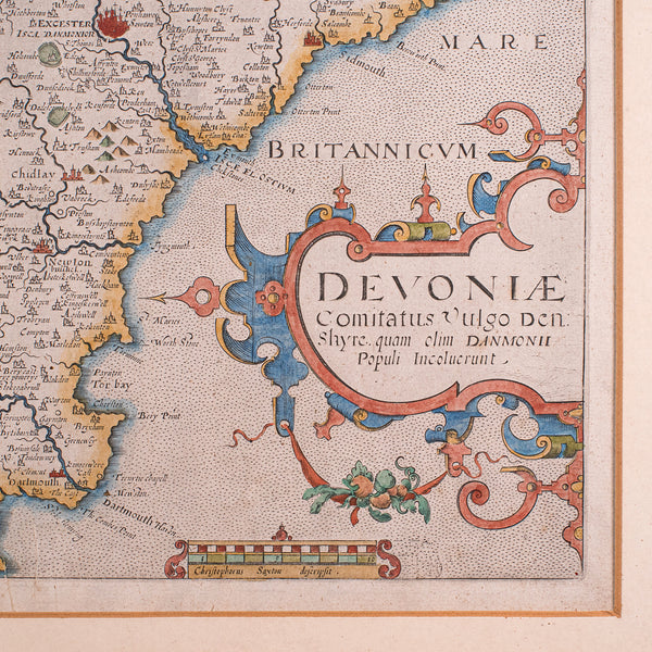 Antique Devon County Map, English, Framed 17th Century Atlas Cartography, C.1650