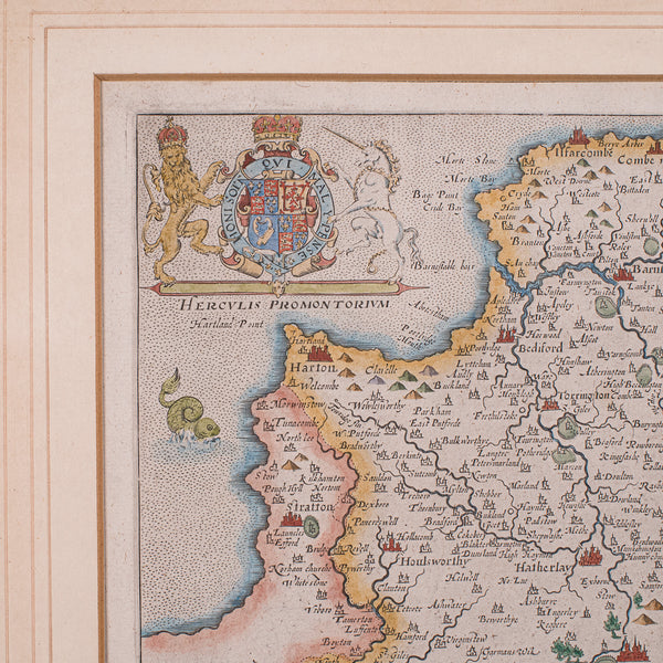 Antique Devon County Map, English, Framed 17th Century Atlas Cartography, C.1650