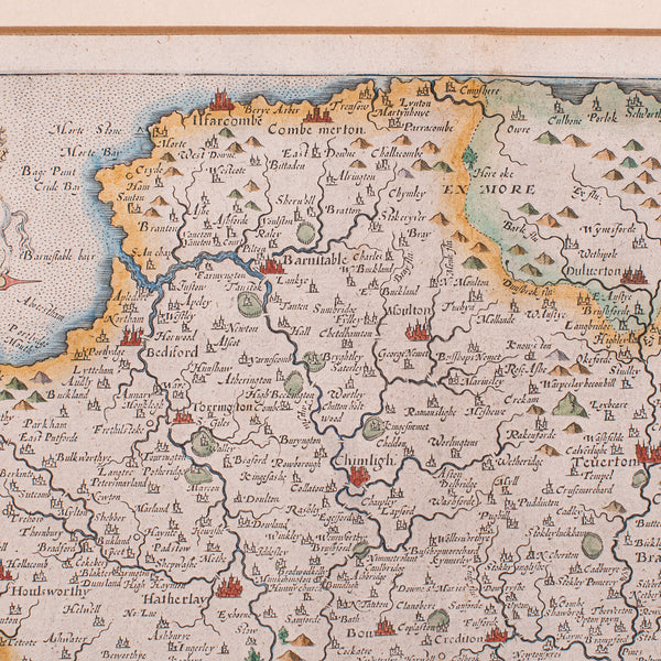 Antique Devon County Map, English, Framed 17th Century Atlas Cartography, C.1650