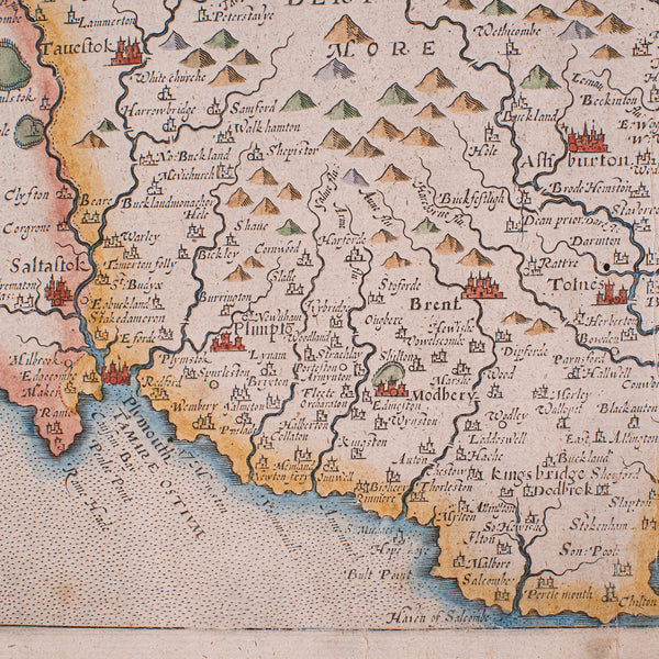 Antique Devon County Map, English, Framed 17th Century Atlas Cartography, C.1650