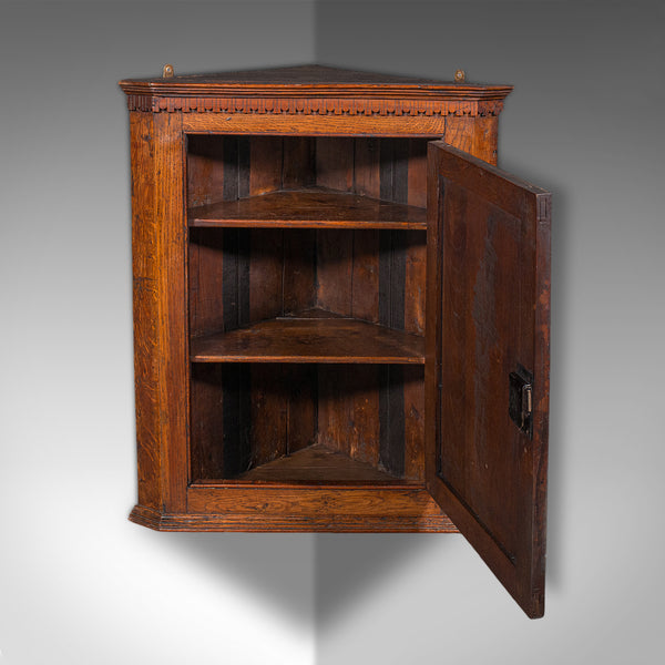 Small Antique Corner Cabinet, English, Golden Oak, Hanging Cupboard, Georgian