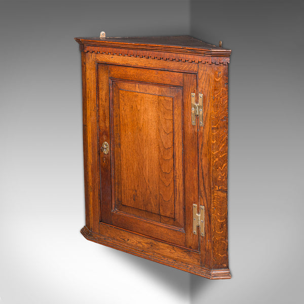 Small Antique Corner Cabinet, English, Golden Oak, Hanging Cupboard, Georgian