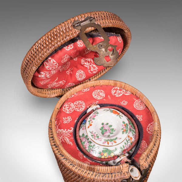 Small Antique Decorative Teapot, Oriental, Ceramic Chá Pot, Wicker Case, C.1920