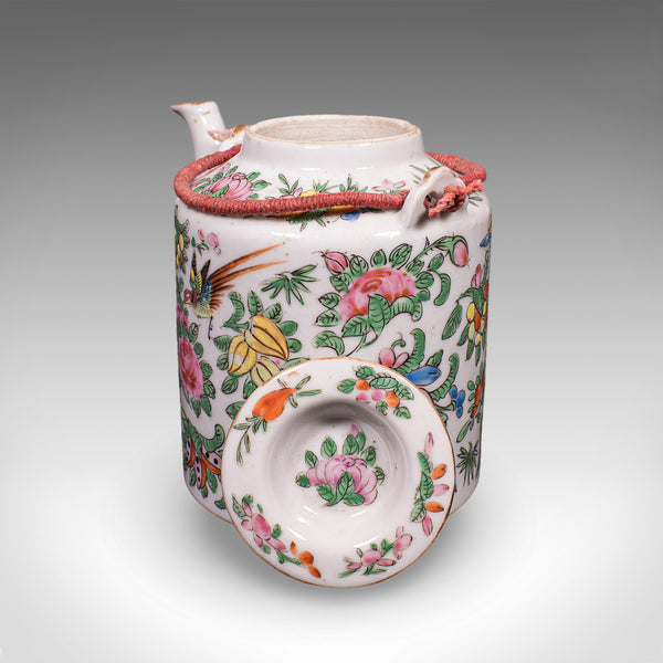 Small Antique Decorative Teapot, Oriental, Ceramic Chá Pot, Wicker Case, C.1920