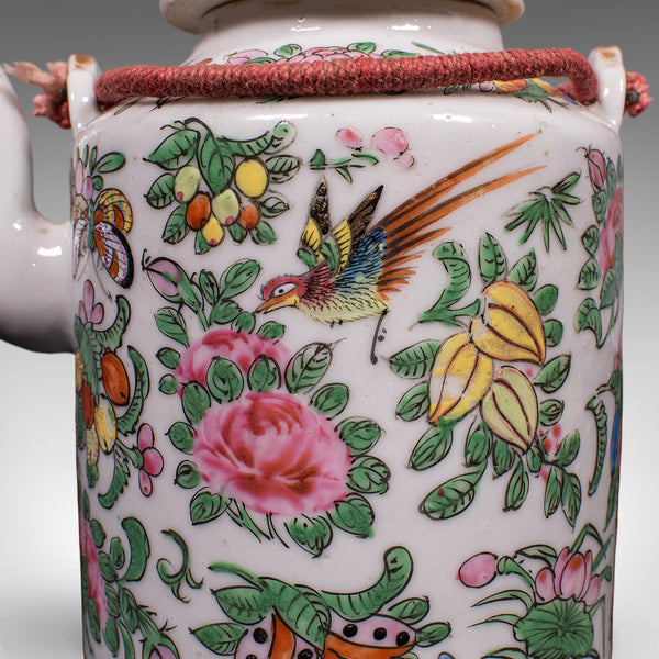 Small Antique Decorative Teapot, Oriental, Ceramic Chá Pot, Wicker Case, C.1920