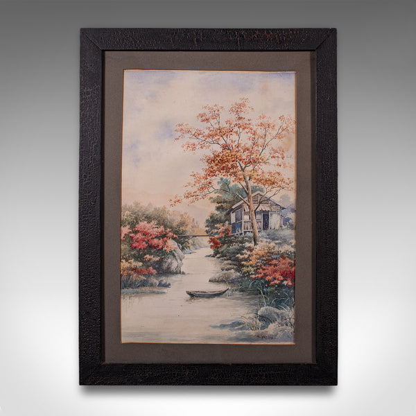 Vintage River Landscape Painting, Japanese School, Watercolour, Art, Mid Century