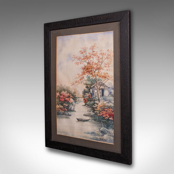 Vintage River Landscape Painting, Japanese School, Watercolour, Art, Mid Century