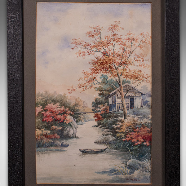 Vintage River Landscape Painting, Japanese School, Watercolour, Art, Mid Century