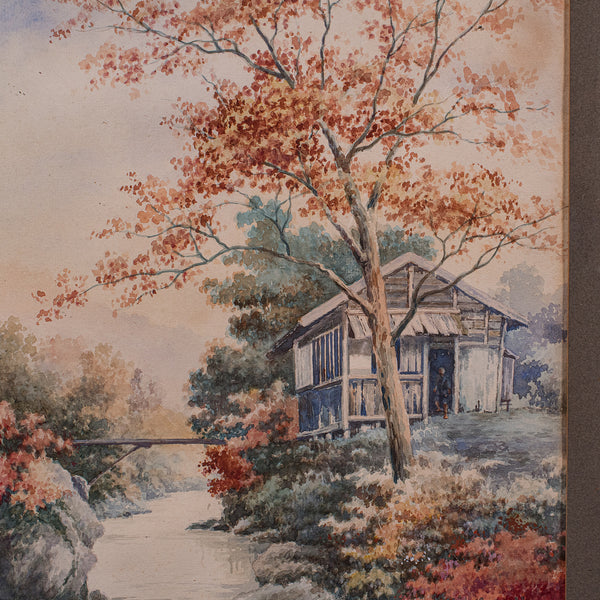 Vintage River Landscape Painting, Japanese School, Watercolour, Art, Mid Century