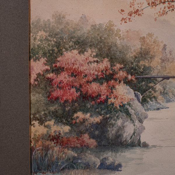 Vintage River Landscape Painting, Japanese School, Watercolour, Art, Mid Century