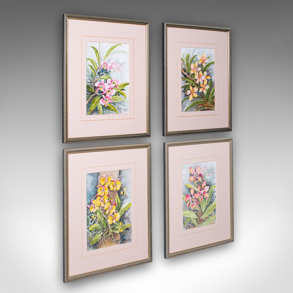 Set of 4 Vintage Botanical Watercolour Pictures, Malaysian Art, Orchids, Framed