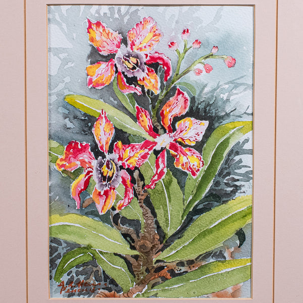 Set of 4 Vintage Botanical Watercolour Pictures, Malaysian Art, Orchids, Framed
