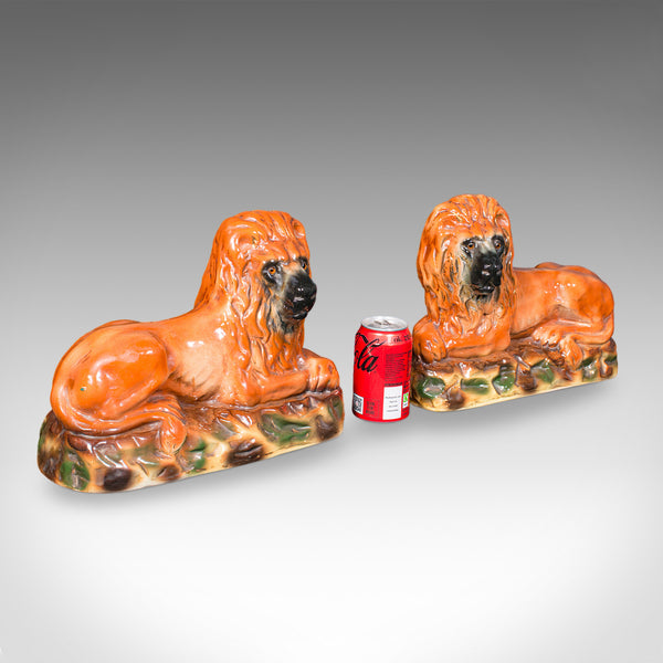 Pair of Antique Recumbent Lions, English, Ceramic, Bookends, Victorian, C.1900