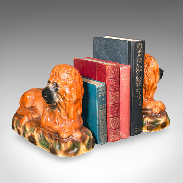 Pair of Antique Recumbent Lions, English, Ceramic, Bookends, Victorian, C.1900