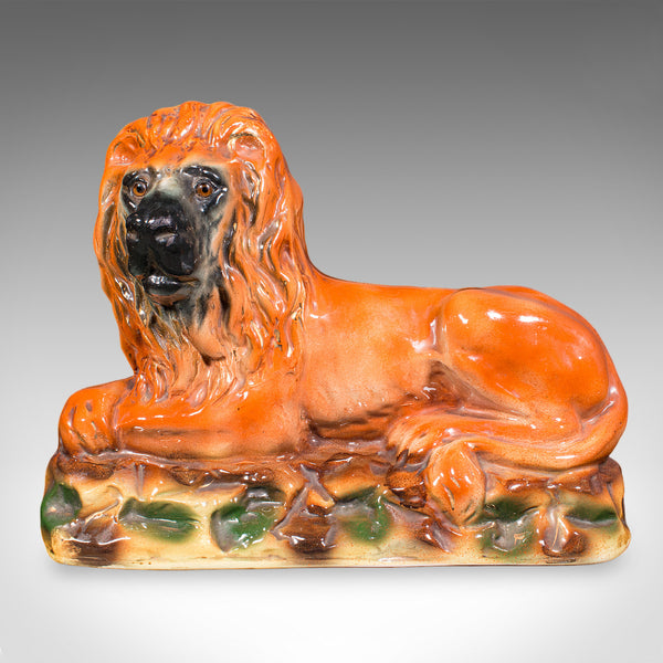 Pair of Antique Recumbent Lions, English, Ceramic, Bookends, Victorian, C.1900