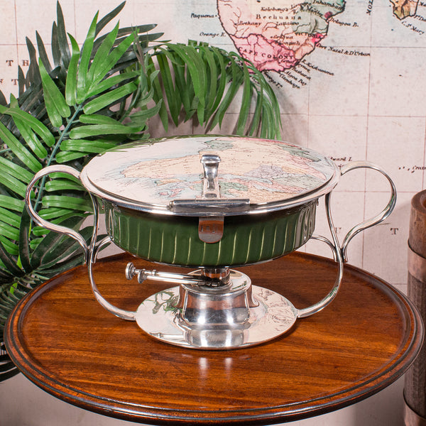 Antique Food Warmer, English Ceramic, Silver Plate, Chafing Heat Dish, Edwardian