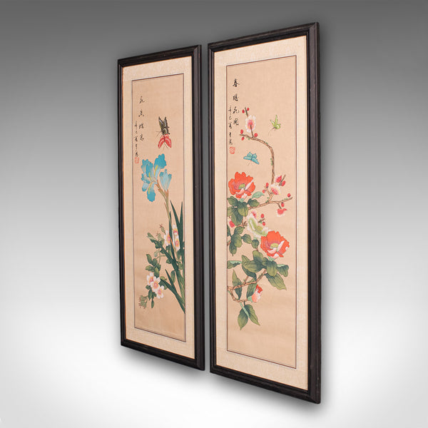 Pair Of Antique Guo Hua Panels, Oriental Art, Watercolour, Woven Silk, Edwardian