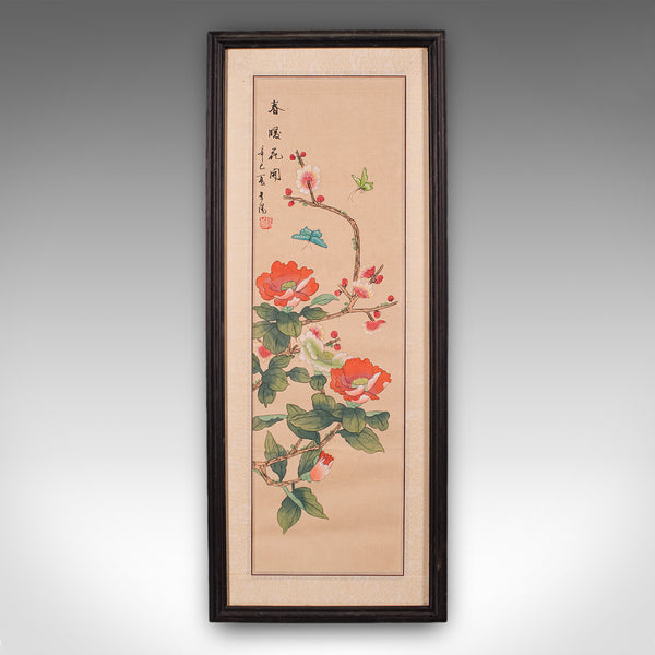 Pair Of Antique Guo Hua Panels, Oriental Art, Watercolour, Woven Silk, Edwardian
