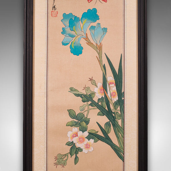 Pair Of Antique Guo Hua Panels, Oriental Art, Watercolour, Woven Silk, Edwardian