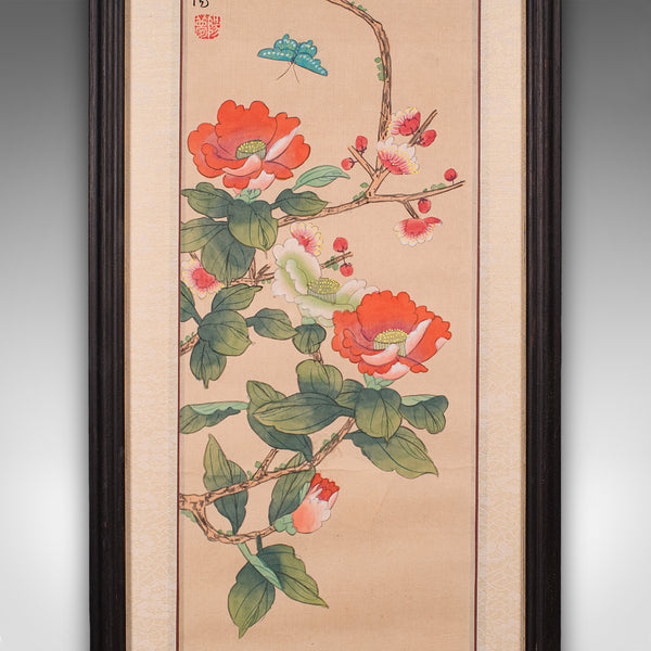 Pair Of Antique Guo Hua Panels, Oriental Art, Watercolour, Woven Silk, Edwardian