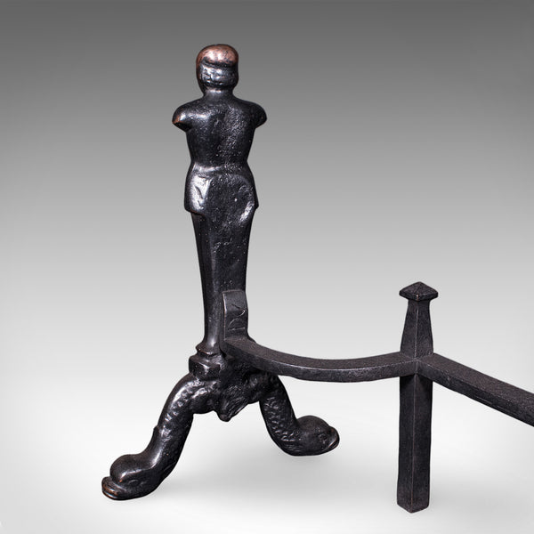 Pair of Vintage Figural Andirons, English, Fire Dog, Fireplace Rests, Art Deco