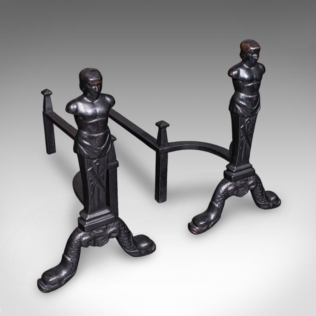 Pair of Vintage Figural Andirons, English, Fire Dog, Fireplace Rests, Art Deco