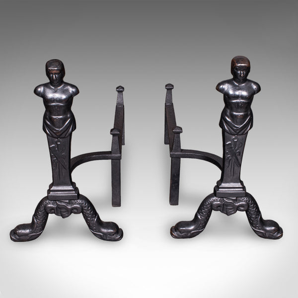 Pair of Vintage Figural Andirons, English, Fire Dog, Fireplace Rests, Art Deco