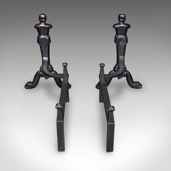 Pair of Vintage Figural Andirons, English, Fire Dog, Fireplace Rests, Art Deco