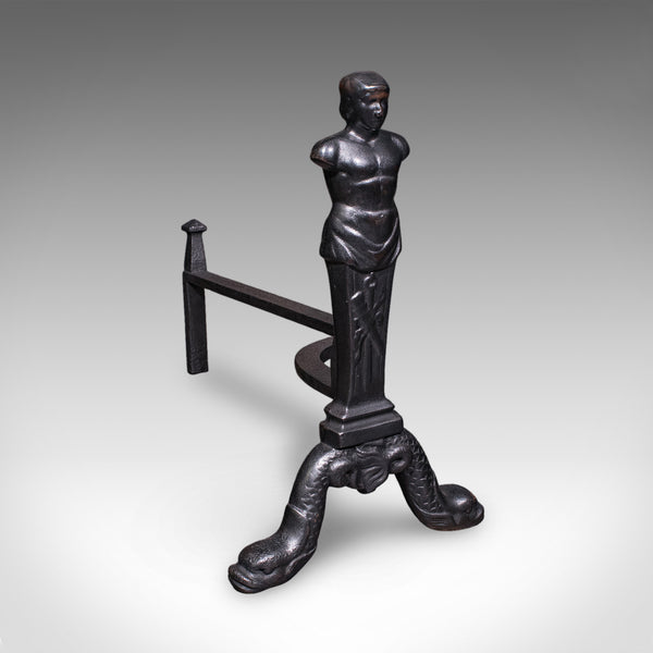 Pair of Vintage Figural Andirons, English, Fire Dog, Fireplace Rests, Art Deco
