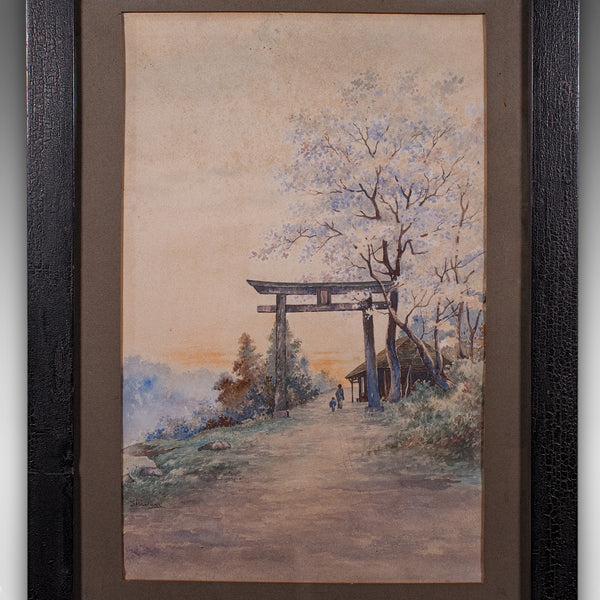 Vintage Torii Gate Landscape Painting, Japanese School, Watercolour, Art, C.1960