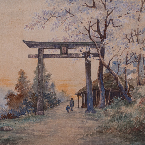 Vintage Torii Gate Landscape Painting, Japanese School, Watercolour, Art, C.1960