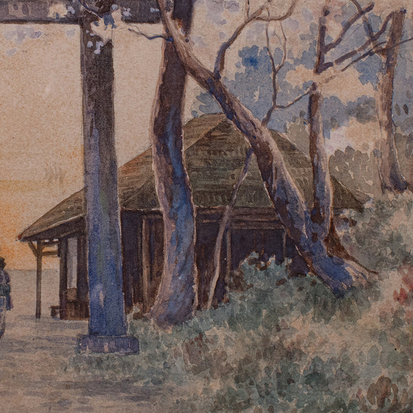 Vintage Torii Gate Landscape Painting, Japanese School, Watercolour, Art, C.1960