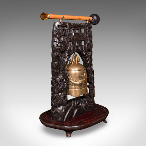 Antique Tea Ceremony Gong, Oriental, Carved Stand, Brass Bell, Edwardian, C.1910