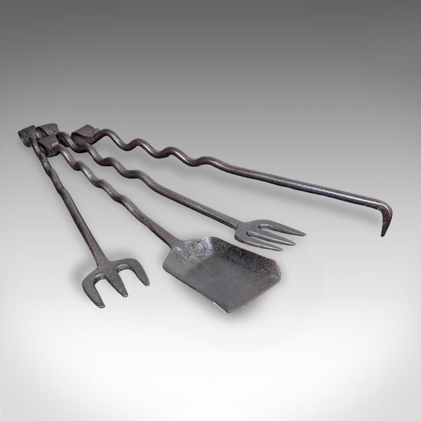 4 Antique Country House Inglenook Fire Tools, English, Companion Set, Victorian