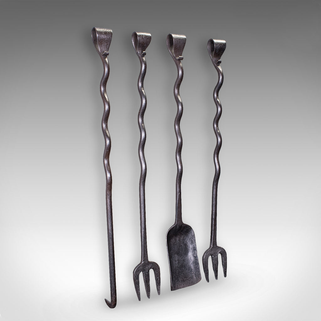 4 Antique Country House Inglenook Fire Tools, English, Companion Set, Victorian