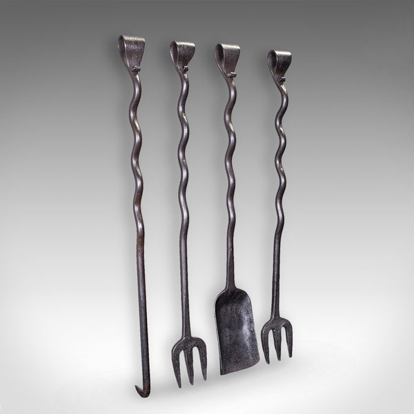 4 Antique Country House Inglenook Fire Tools, English, Companion Set, Victorian