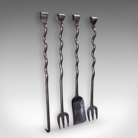 4 Antique Country House Inglenook Fire Tools, English, Companion Set, Victorian