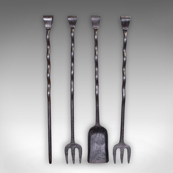 4 Antique Country House Inglenook Fire Tools, English, Companion Set, Victorian