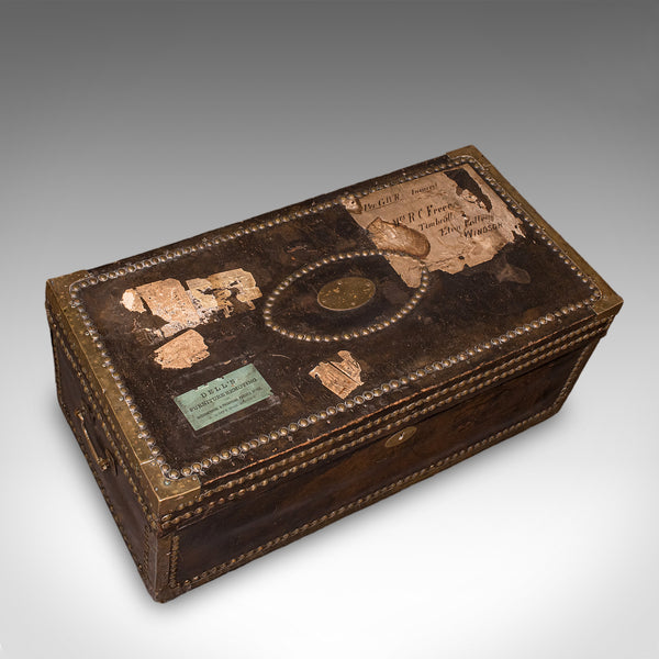 Antique Etonian Steamer Trunk, English, Leather, Travel Chest, Victorian, C.1880